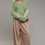 Romantic Floral Embroidered V-Neck Sweater
