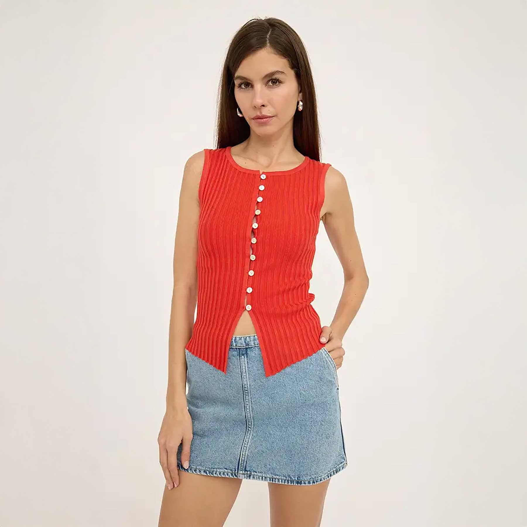 Slim Knit Sleeveless Button Top - RTK1016