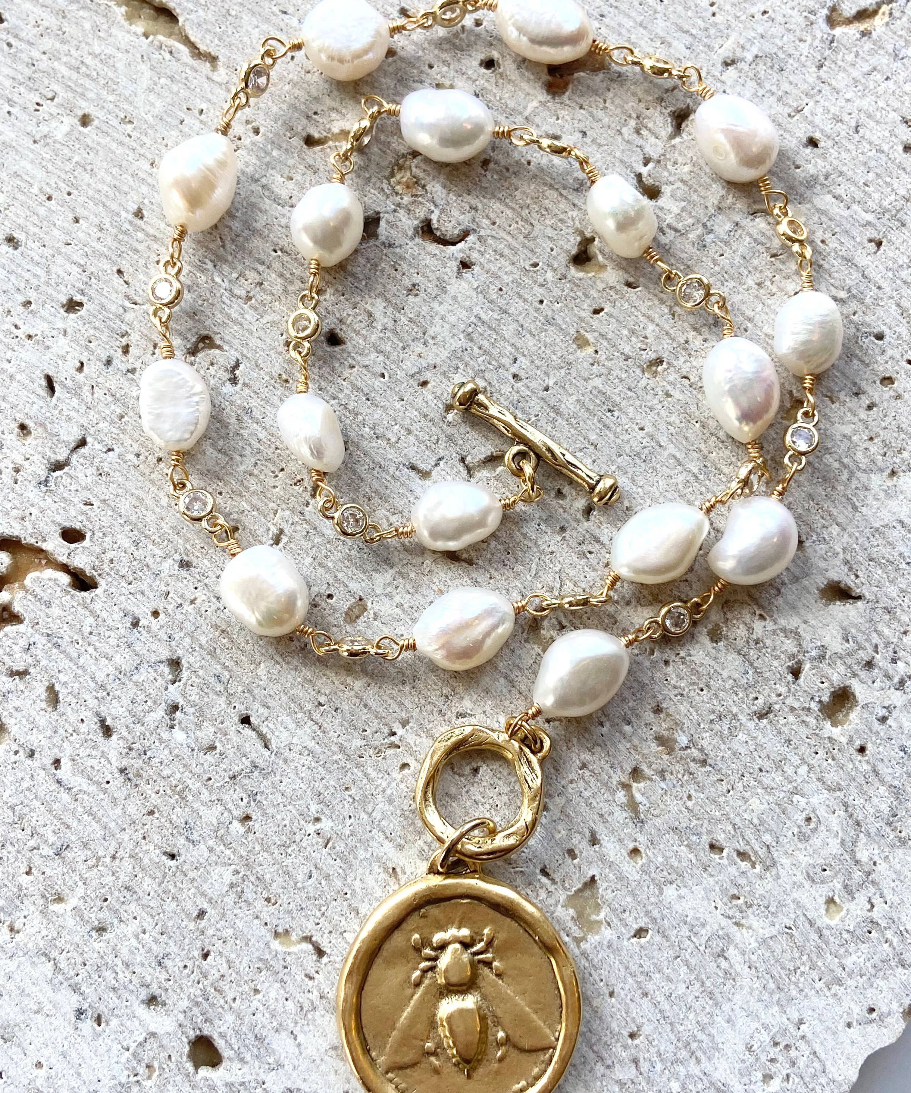 Queen Bee Pendant on Pearl Chain Necklace