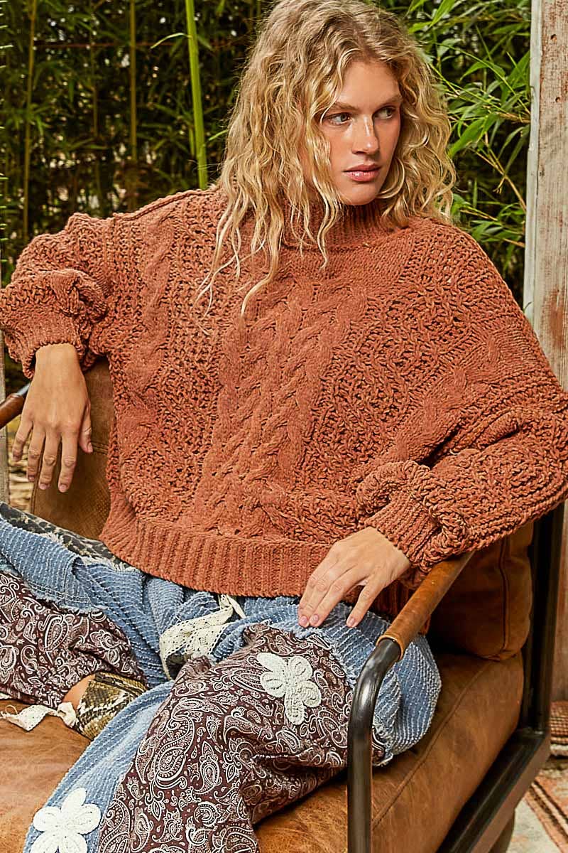 Mock Neck Cable Knit Sweater