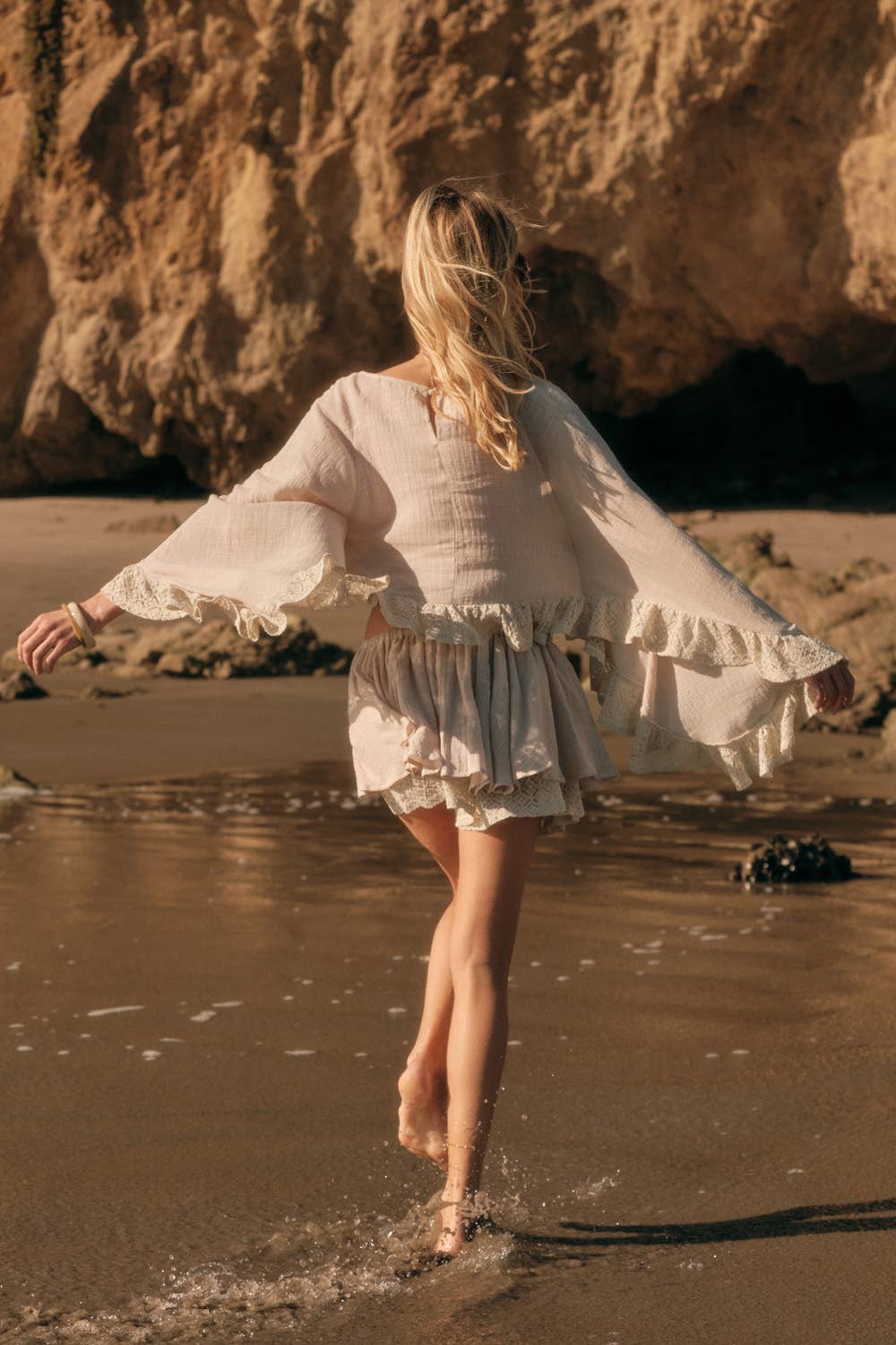 Cotton Gauze and Crochet Lace Ruffle Bell-Sleeve Cropped Top