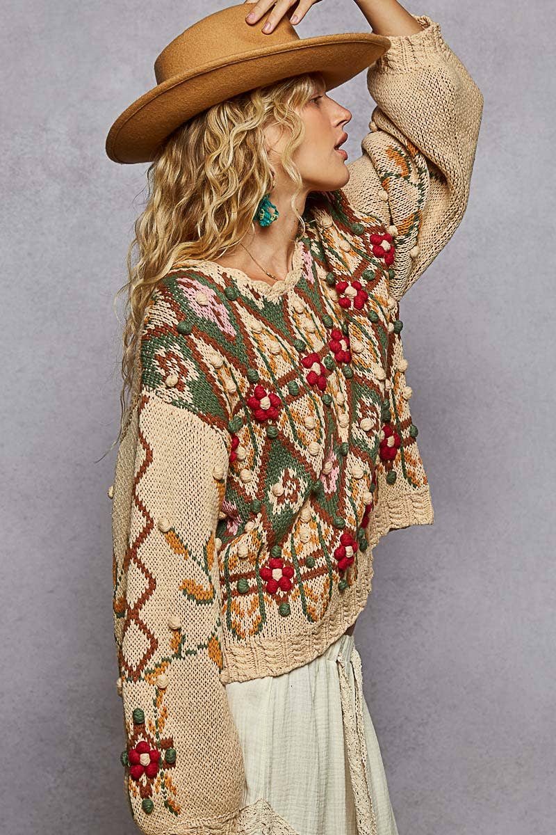 Aztec Pattern Floral Detail Sweater