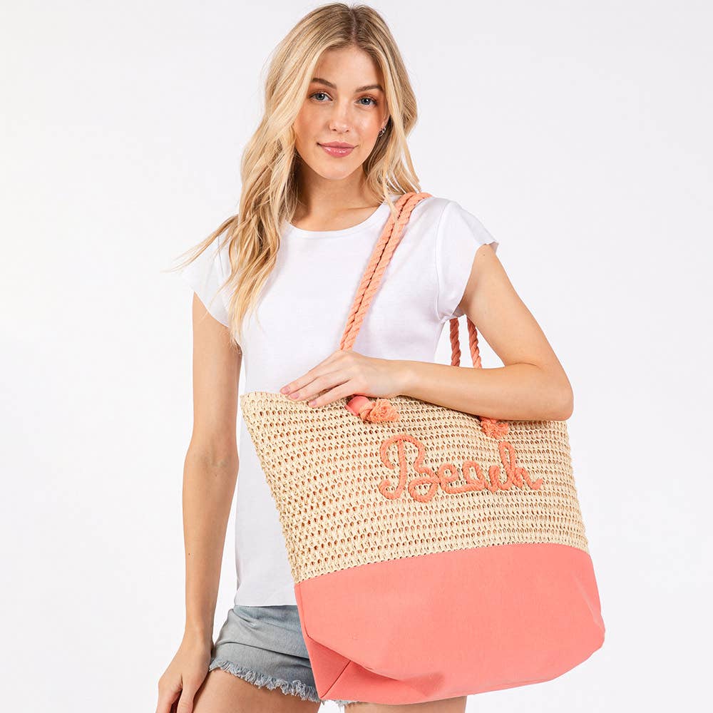 "Beach" Embroidered Crochet Tote Bag