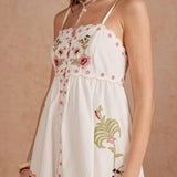 Embroidered Palm & Floral Scalloped Babydoll Mini Dress