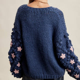 Hand Knit Floral Bobble Sleeve Cardigan LSW1097