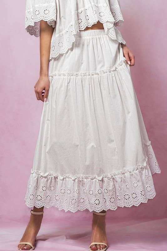 Laced Eyelet Tiered Midi Skirt