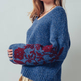 Romantic Floral Embroidered V-Neck Sweater