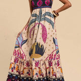 Tropical Print Thin Strap Flare Dress