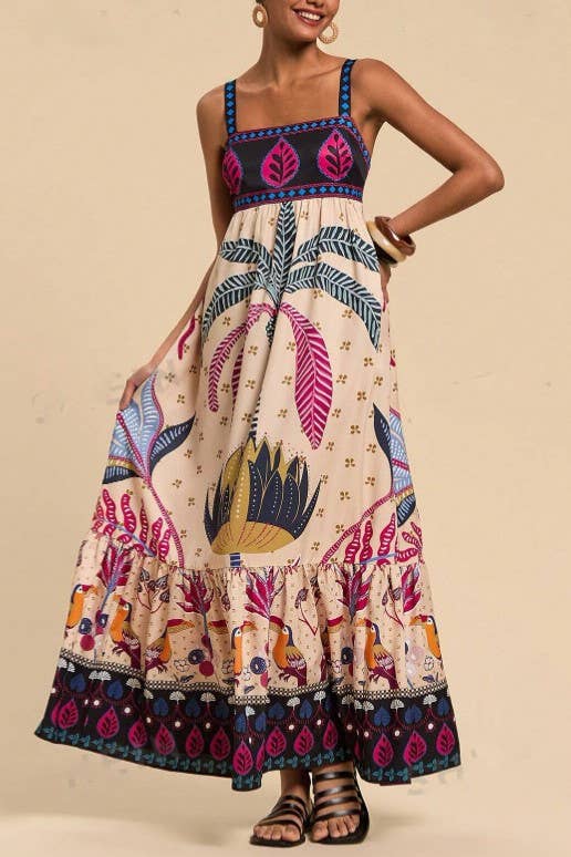 Tropical Print Thin Strap Flare Dress