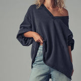 Raw Edge V-Neck Oversized Sweatshirt