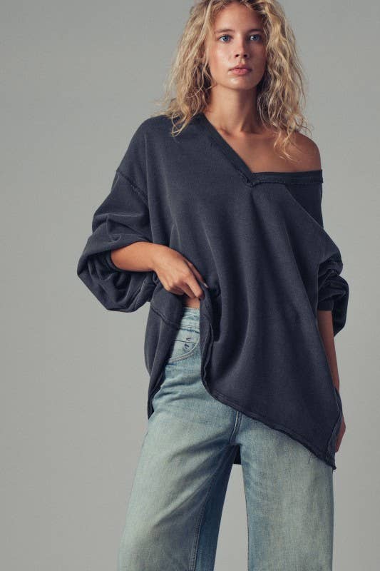 Raw Edge V-Neck Oversized Sweatshirt