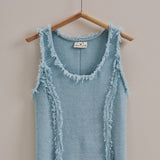 Frayed Trim Textured Knit Sleeveless Top