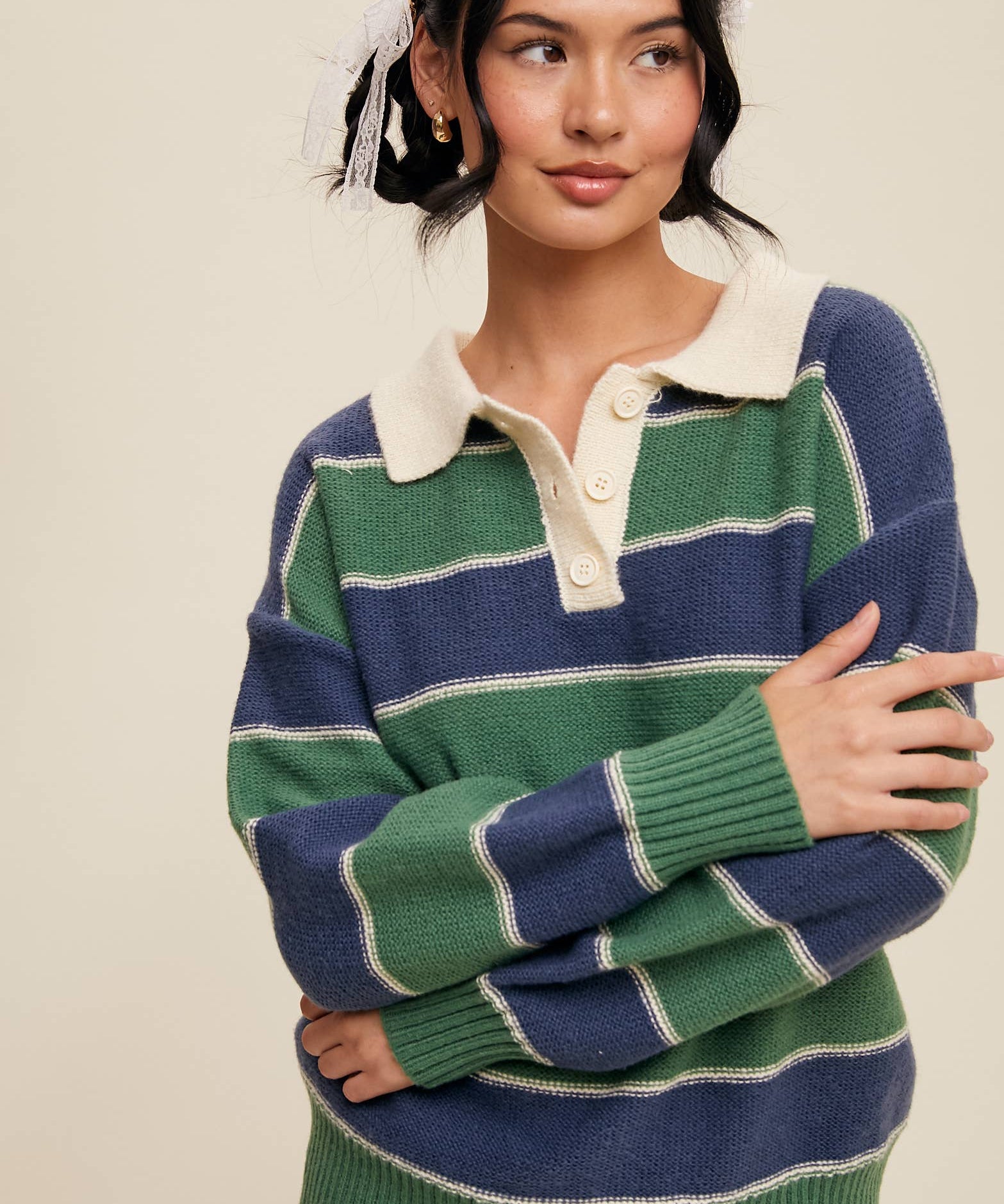 Striped Knit Polo Sweater