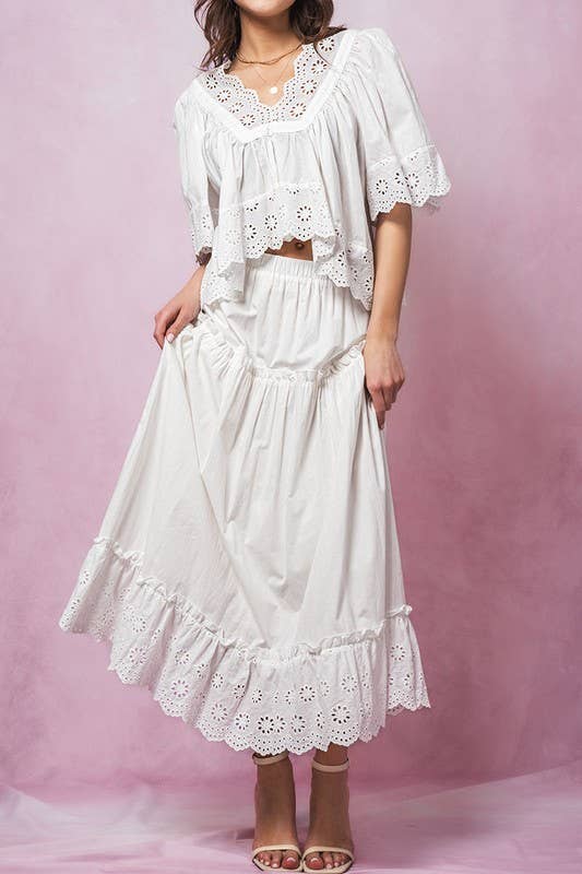 Laced Eyelet Tiered Midi Skirt
