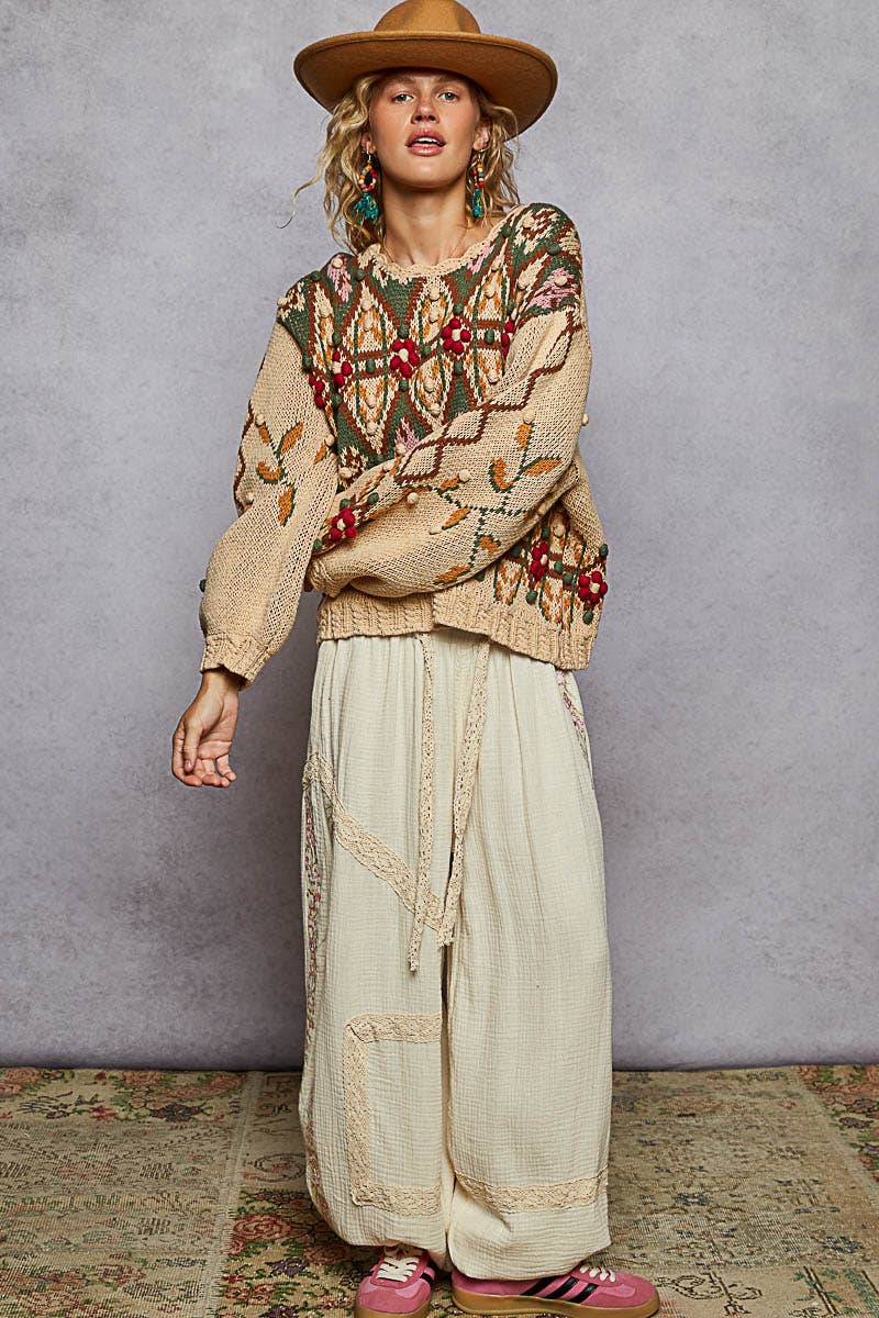 Aztec Pattern Floral Detail Sweater