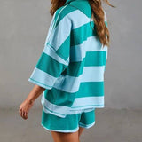 Colorblock Striped Half Zipper Top Shorts Athleisure Set