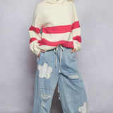 Long sleeve mock neck contrast stripe sweater top