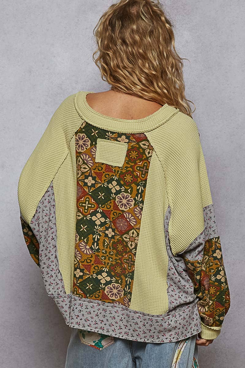 Print Panel Green Tea Knit Sweater