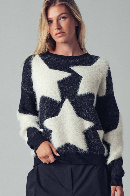 Fuzzy Knit Star Pattern Sweater Top