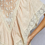 Lace Trim V Ruffle Detail Textured Woven Short Sleeve Top