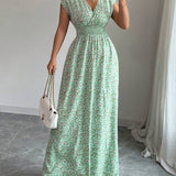 Smocked Waist Cap Sleeve Floral Print Maxi Dress