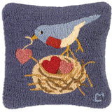 Nesting Hearts 14x14 hooked bird pillow gift home décor