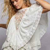 Lace Trim V Ruffle Detail Textured Woven Short Sleeve Top