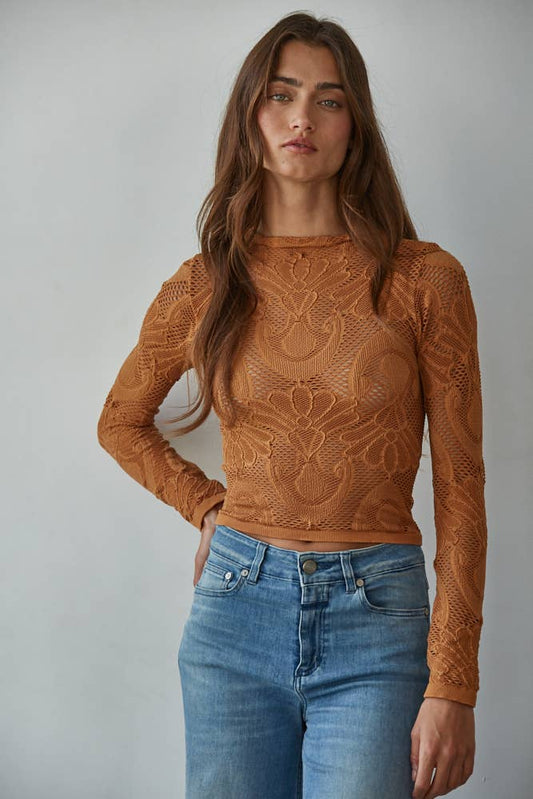 Seamless Jacquard Mock Neck Long Sleeve Top