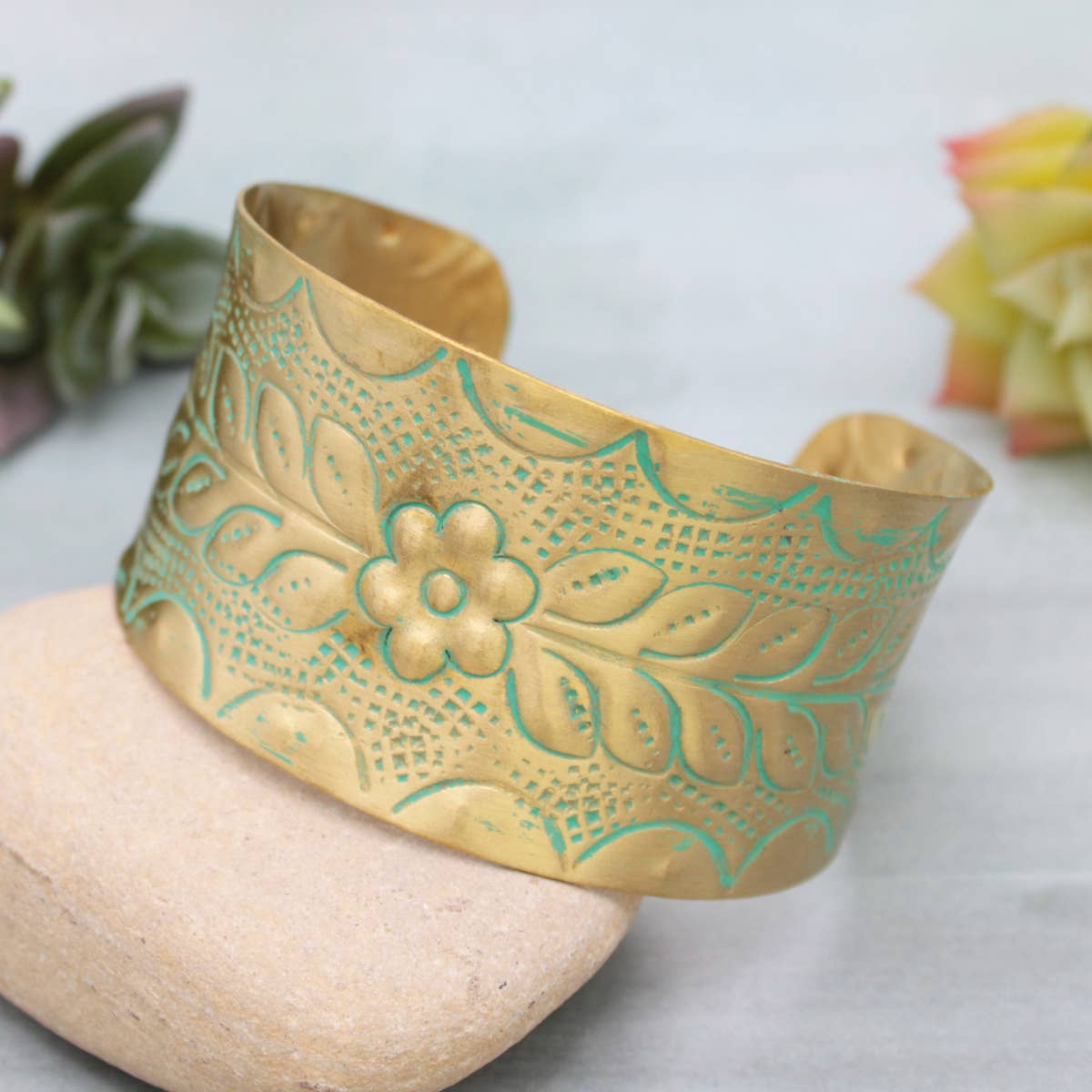 Sonora Style Gold Patina Flower Cuff Bracelet