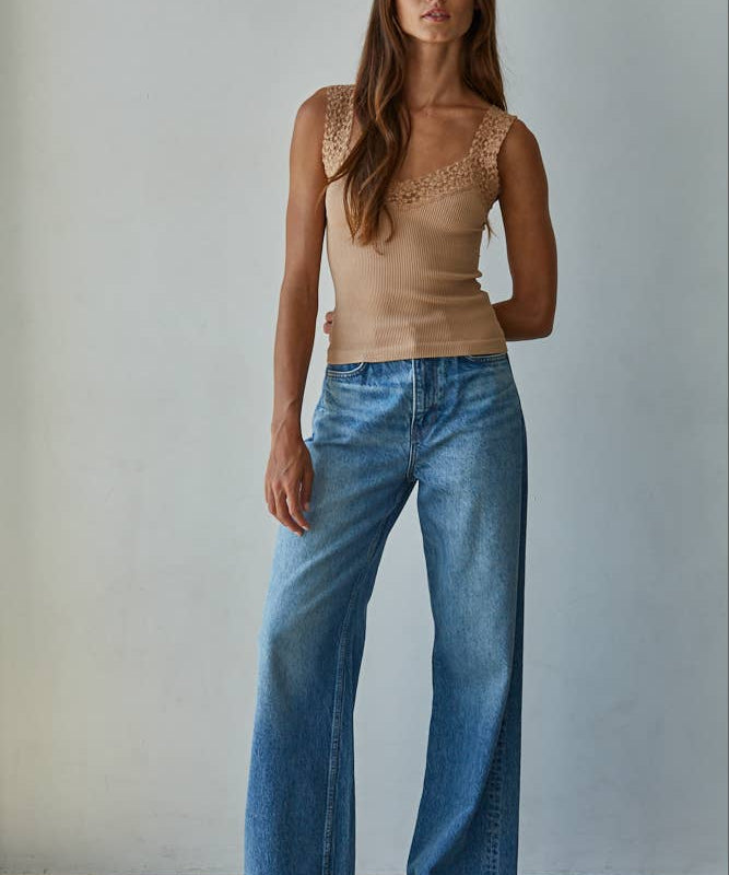 S1217N | Knit Seamless Ribbed Tank Top with Lace Trim