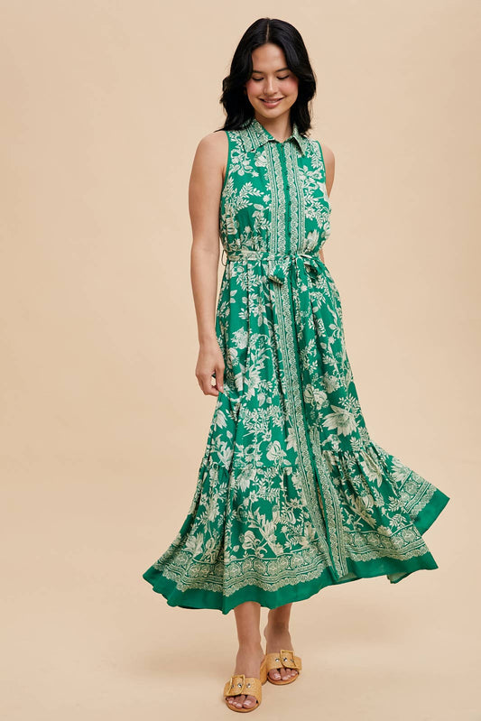 Border Print Lapel Button Down Maxi
