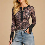 Multi Print Long Sleeve Mesh Henley Top