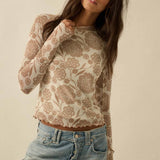 Floral-Print Mesh Mock-Neck Raglan Top