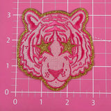 Small Hot Pink Tiger Gold Glitter Mascot with Star Eyes Embroidery Iron On Patch