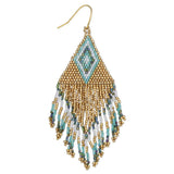 Gold & Teal Woven Beaded Fringe Earrings