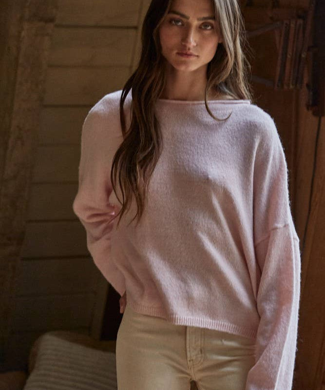 W2114 | Knit Sweater Rolled Round Neck Pullover Top