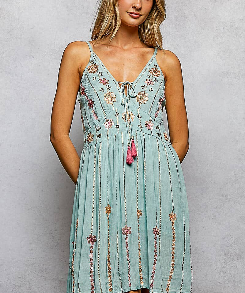 Boho Smocking Mirror Embroidery V-Neck Sleeveless Dress