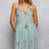 Boho Smocking Mirror Embroidery V-Neck Sleeveless Dress