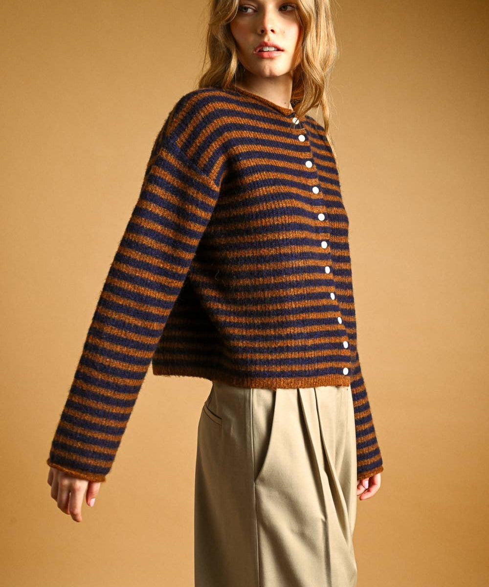 J7562   STRIPED BUTTON FRONT SWEATER CARDIGAN
