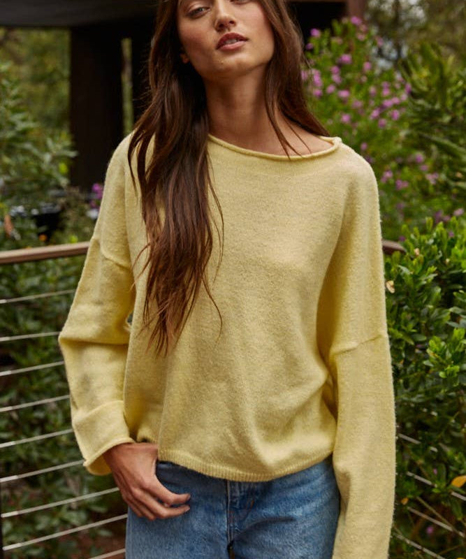 W2114 | Knit Sweater Rolled Round Neck Pullover Top