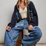 Multicolor Floral Embroidery PEACE Letter Knit Cardigan
