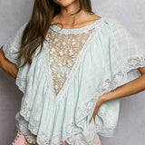 Lace Trim V Ruffle Detail Textured Woven Short Sleeve Top