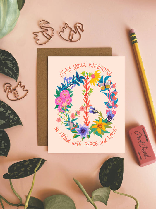Peace + Love Flowers Birthday Card