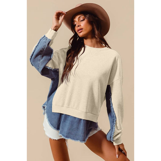 Mixed Fabric Washed Denim Top