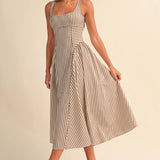 ID10390 STRIPED JUMBO BACK BUCKLE PIPING DETAIL MIDI DRESS