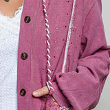 Vintage Washing Solid Laser Cut Thermal Knit Hoodies Top