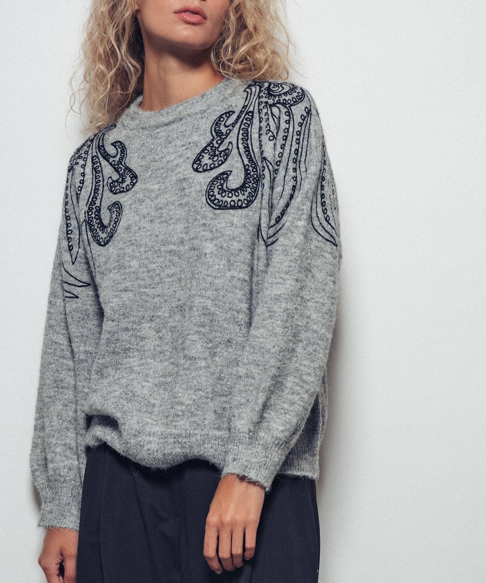 Tentacle Embroidered Gray Sweater