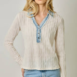 61698 Denim Mix Textured Knit Henley Top