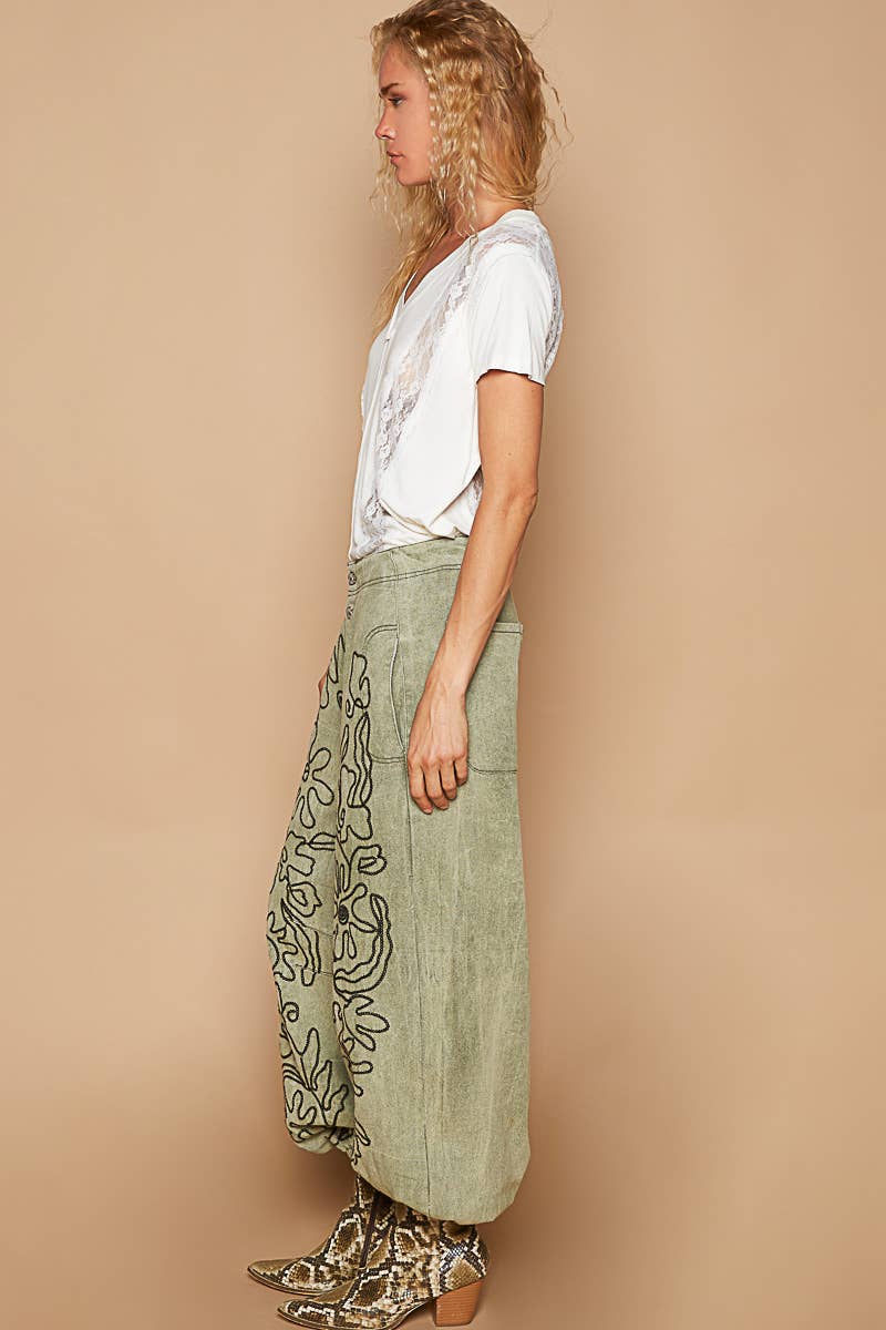 Floral Embroidered Twill Pants