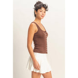 Pointelle Button Front Scoop Neck Tank Top
